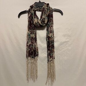 Womens Acrylic Floral Fringe Scarf - Plum, Turquoise, and Tan
